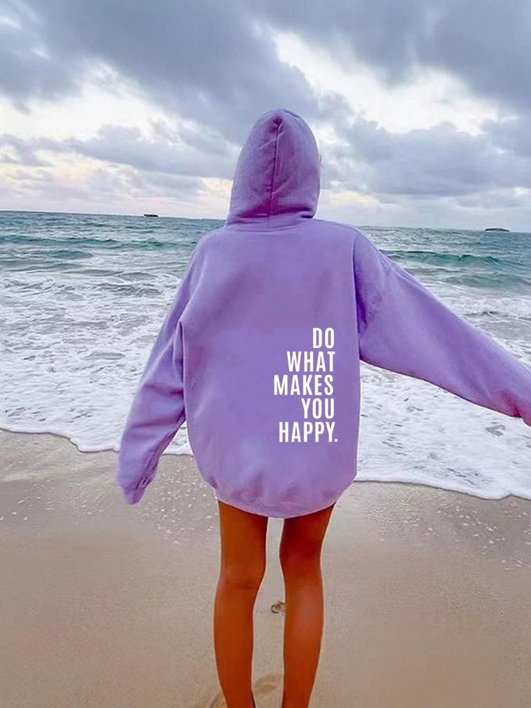New Women's Fleece-Lined Hoodie with Letter Print - Trendy Loose Fit with Kangaroo Pocket and Drawstring Hood.