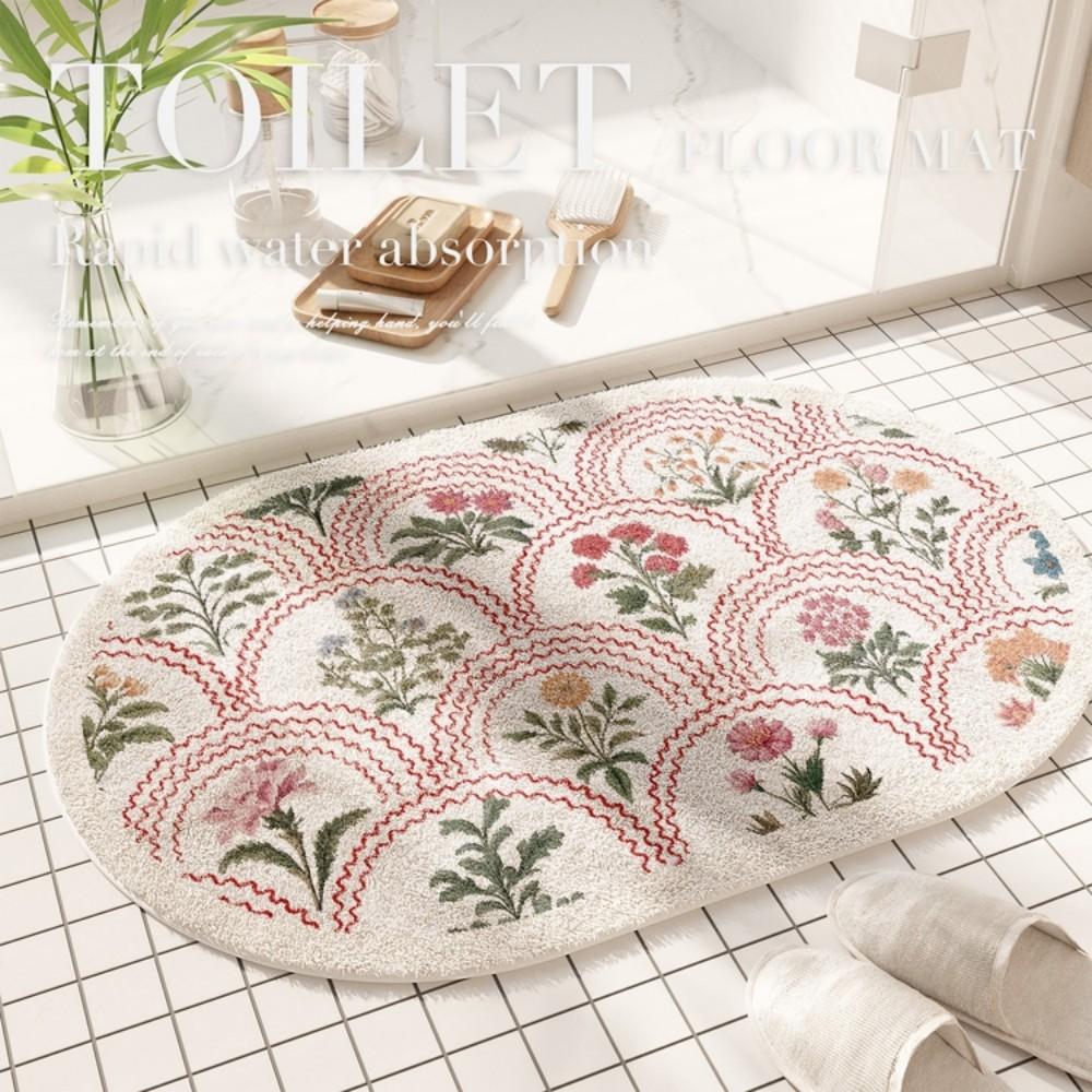 Floral Print Oval Bathroom Floor Mats Bathroom Absorbent Anti Slip Foot Mats Home Decoration Mats