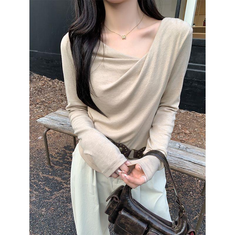 Spring and Autumn Gentle Style Slim Long Sleeve T-Shirt Women's Irregular Twist Slim Top