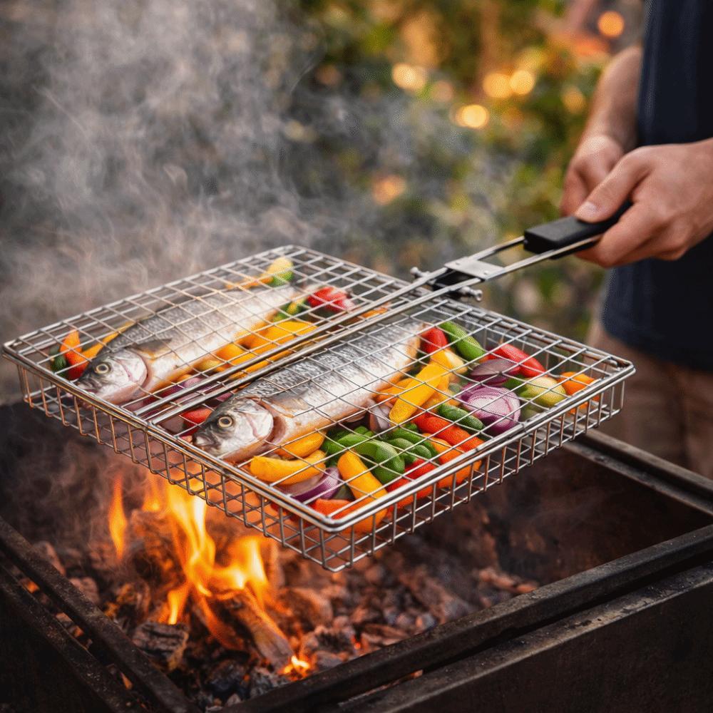 Barbecue Tools Folding Handle BBQ Grill Basket Multi-Functional Non Stick Grill Basket Carbon Steel Grilling Basket Barbecue