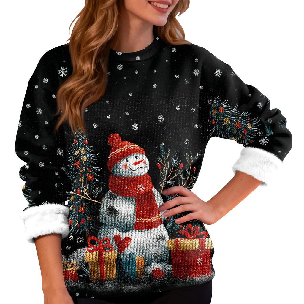 Women's Fashion Casual Long Sleeve Christmas Printed Round Neck Top Sweatshirt