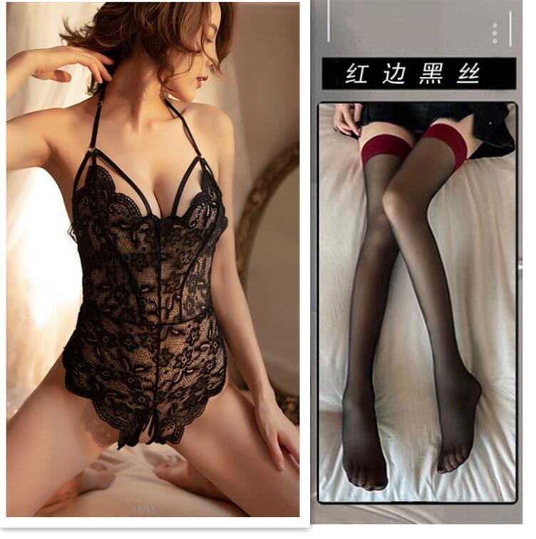 Lace perspective seduction lingerie sexy hot onesie open crotch free sex suit passion pajamas women