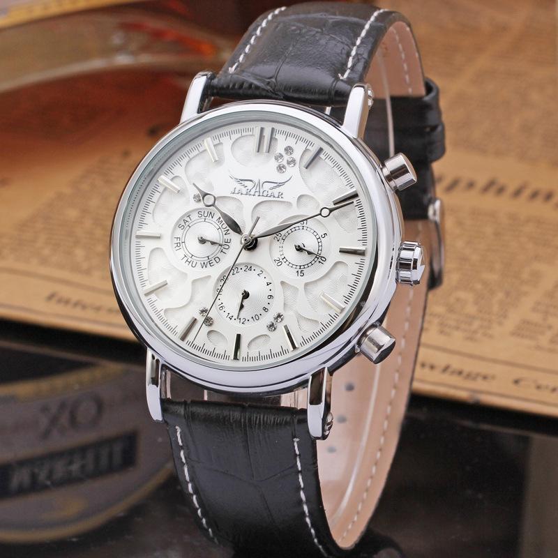 

Sports Men s Automatic Mechanical Watch Elegant Retro Style Week Date Original Fashion Watches Waterproof Genuine Leather Strap срібний/білий