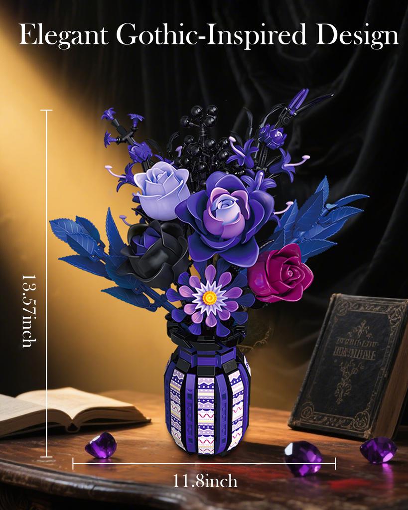 1218PCS Dark Romance Gothic Bouquet Building Blocks Flower With Vase Model Educational DIY Home Decoration Gift For Kids Adults