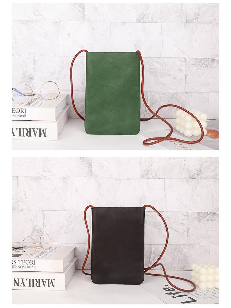 Dámska mini crossbody taška na mobil z pravej kože - Jednoduchá, jednofarebná, všestranná kabelka na rameno do ruky pre vonkajšiu módu