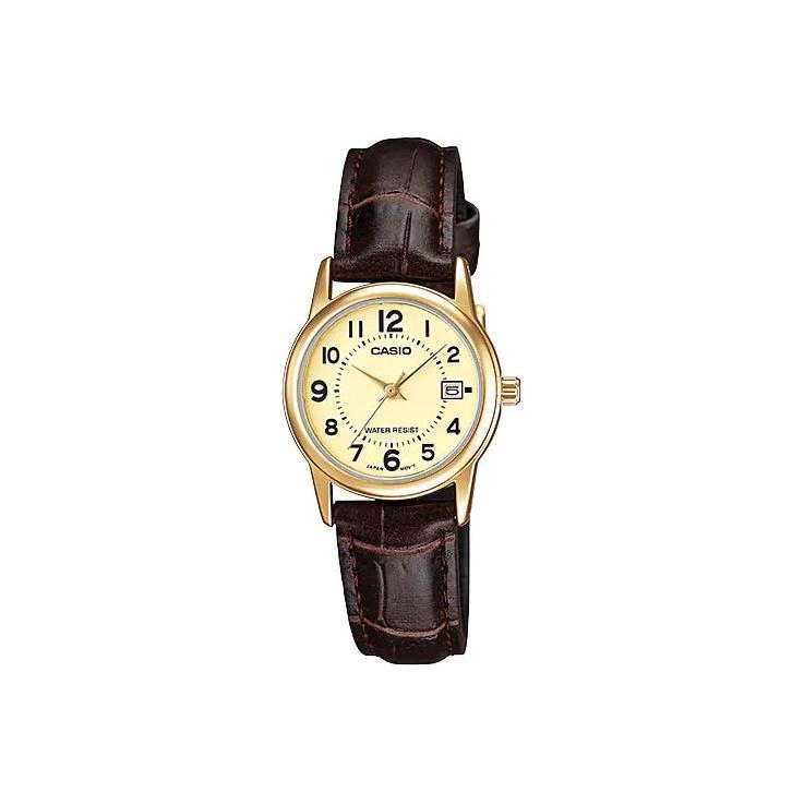 Casio Fashionable Elegant Pointer Display Quartz Movement Leather Strap Watch Women watches Gold LTP-V002GL-9B Brown Strap