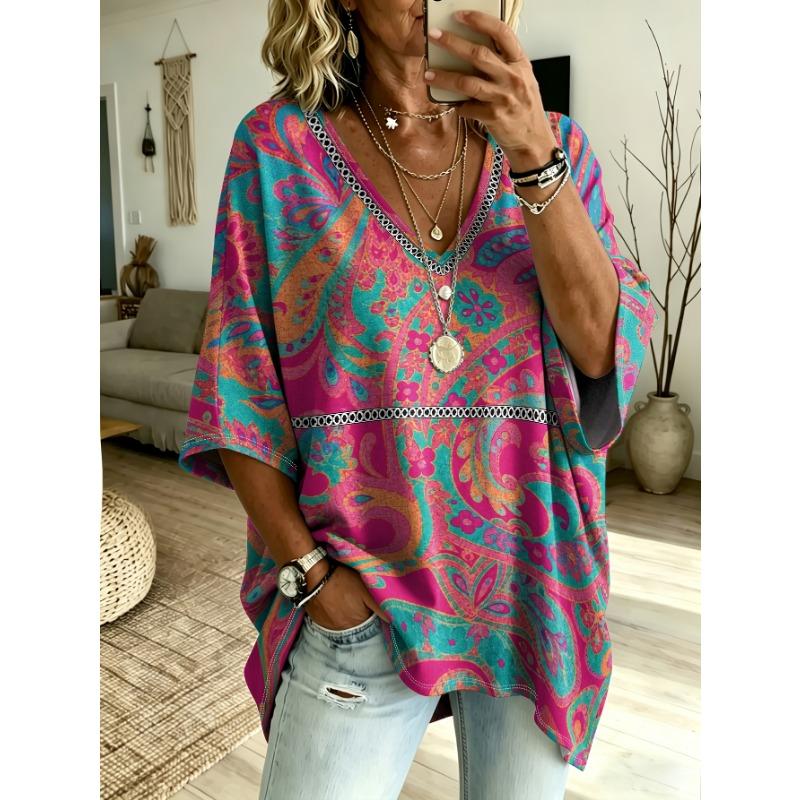 Boho Printed Plus Size Women's V Neck Bat Sleeve T-Shirt