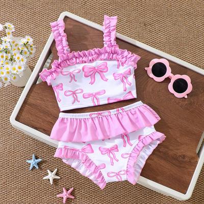 2Pcs Girls Bow Print Ruffle Bikini Set Kids Swimwear Swimsuit