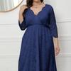 Plus Size Women Maxi Dress High Waist V Neck 3 4 Sleeve Long Dress Lace Flower Embroidery Wedding Vacation Dress