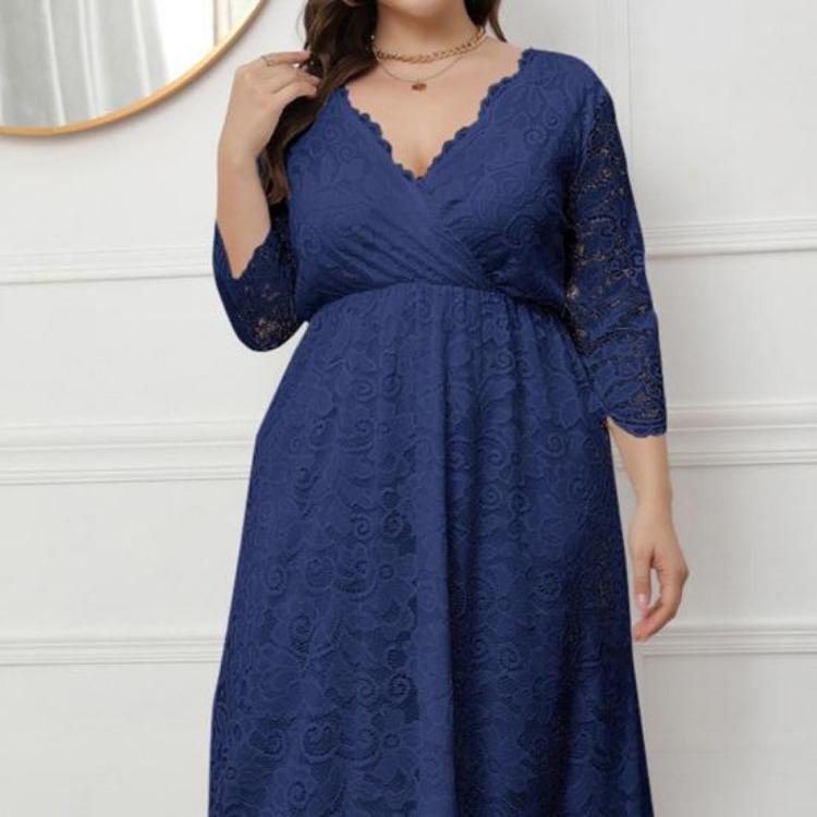 Plus Size Women Maxi Dress High Waist V Neck 3 4 Sleeve Long Dress Lace Flower Embroidery Wedding Vacation Dress