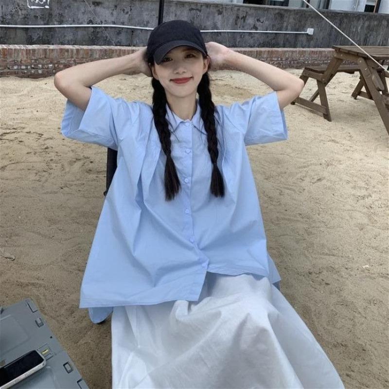 Women's Blue Shirt Female Peter Pan Collar Short Sleeved Blouses Summer New Korean Version Loose Versatile Lady Top
