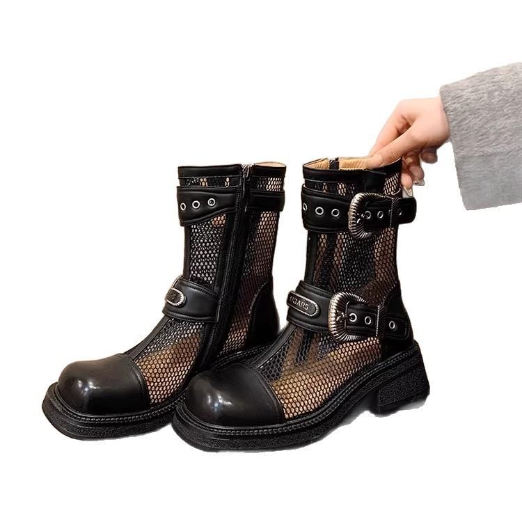 4.5Cm Medium Heel Thick-soled Mesh Boots Women's Summer New Hollow Mesh Thin Short Boots Belt Buckle British Cool Boots