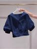 2025 Chic Navy Blue Turn-Down Collar Puff Sleeve Age-Reducing Women's Shirt