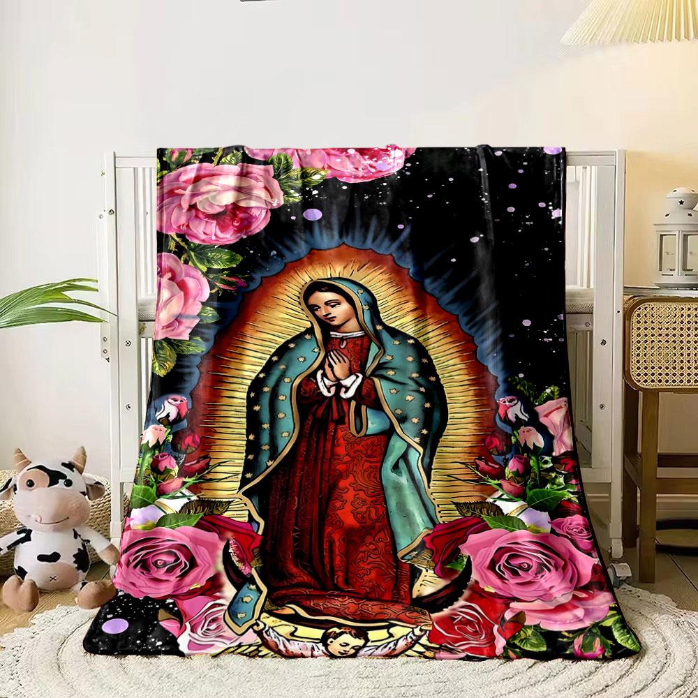 Our Lady of Guadalupe Floral Blanket Bedroom Blanket for Livingroom Couch Lunch Break Soft Throw for Friend's Festival Gift