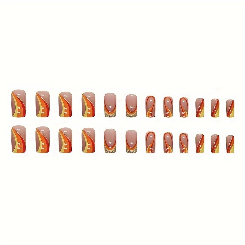 24 Stücke mittellange, französisch inspirierte, glitzernde Nagelkunst mit roten, gelben und orangefarbenen Streifen – perfekt für einen festlichen Look!