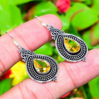 Natural Citrine Gemstone Handmade 925 Sterling Silver Earring 1.97" M5m98