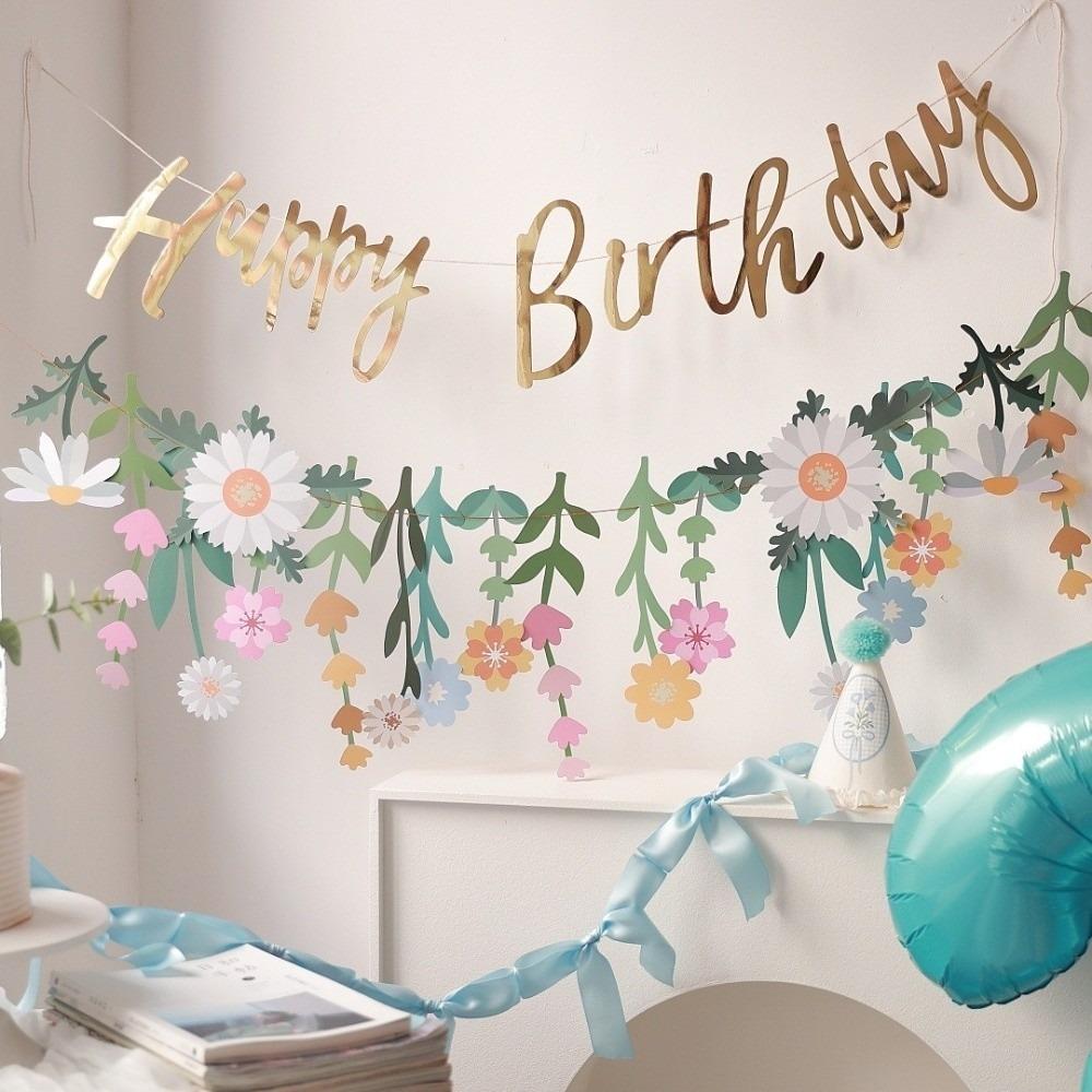 Floral Leaf Flower Paper Banner Spring Theme Happy Birthday Banner  Wedding Decor