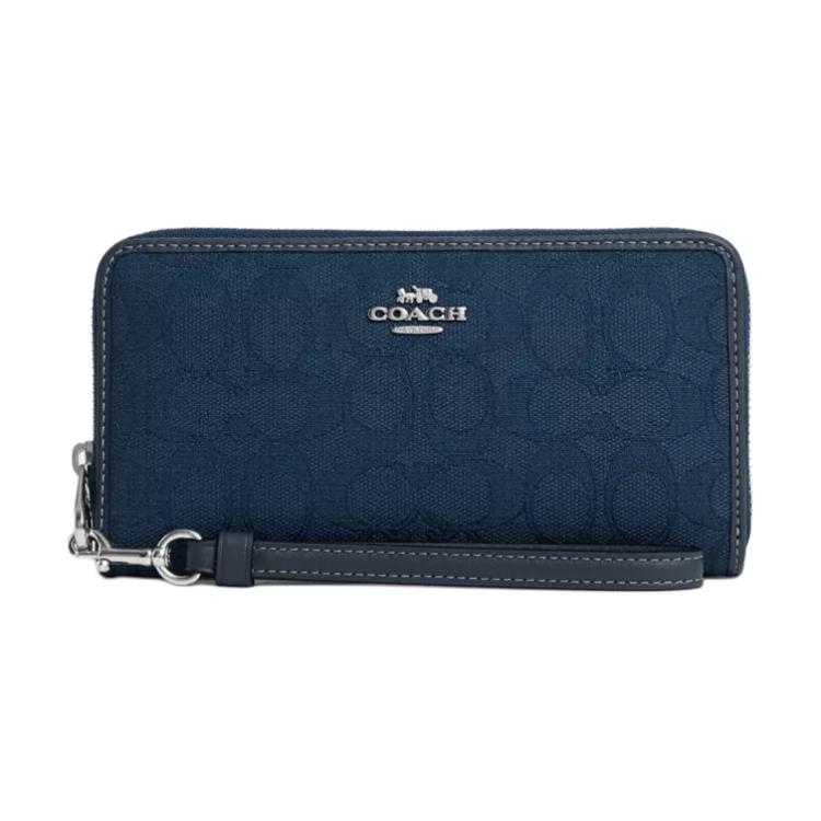 Coach Zip Around Wallet 19 Classic Monogram Logo Zipper Closure Signature Jacquard Leather Wallet Women wallet Silver Denim-Blue CU150-SVPM1 Silver & Denim Blue