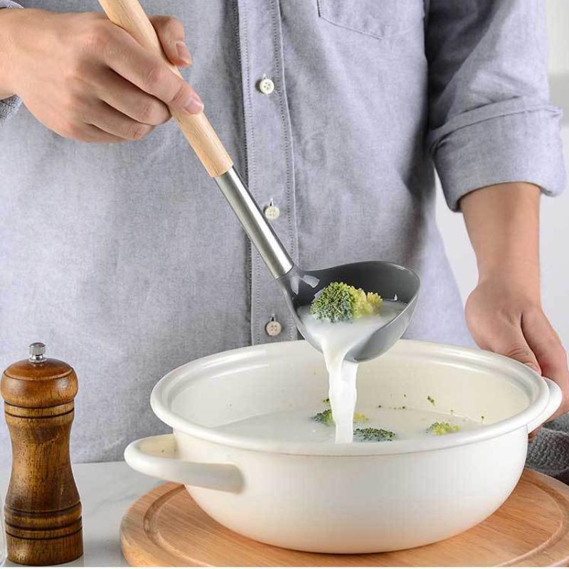 6 PCS Silicone Cooking Kitchen Utensil Set Wooden Handle Kitchen Baking Tools Kitchenware Accessories Storage Bucket