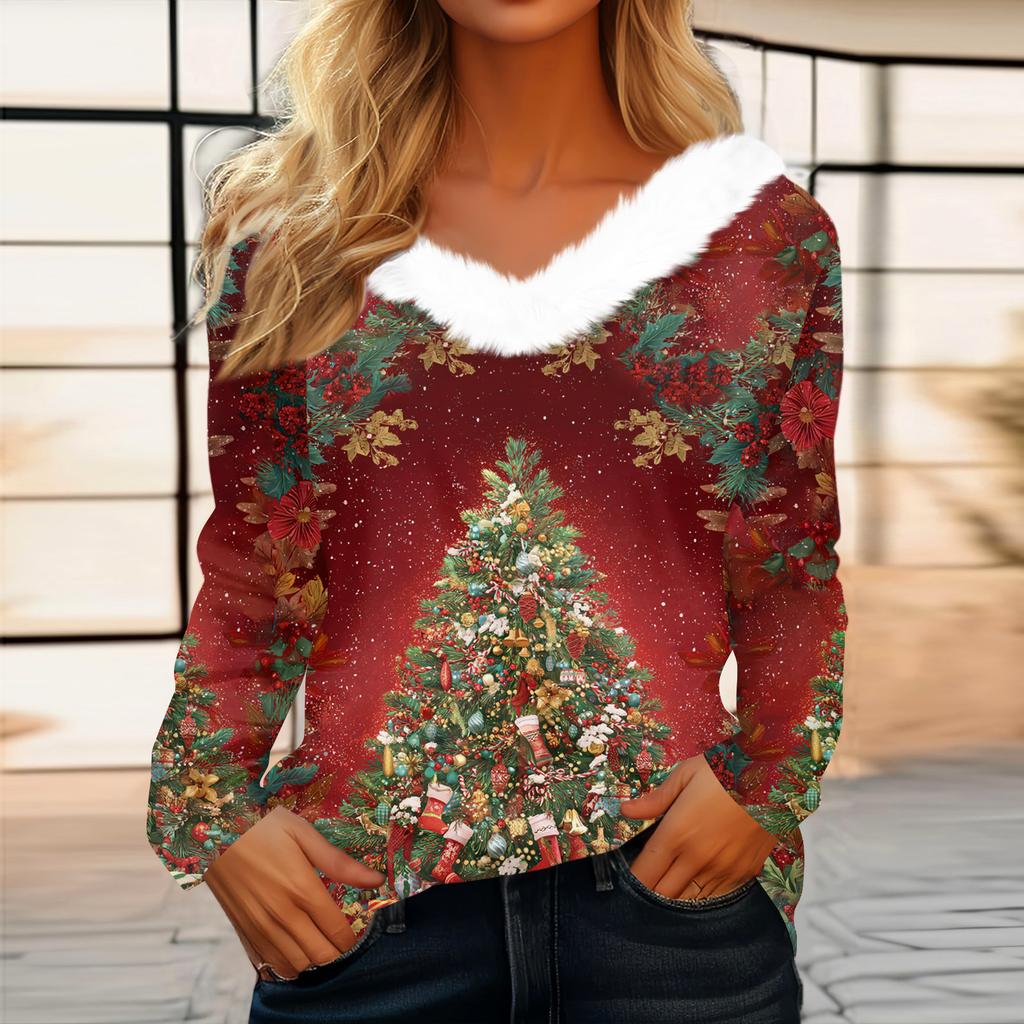 Dames Juleprintet Langermet Party Plysj Hals V-hals Topp