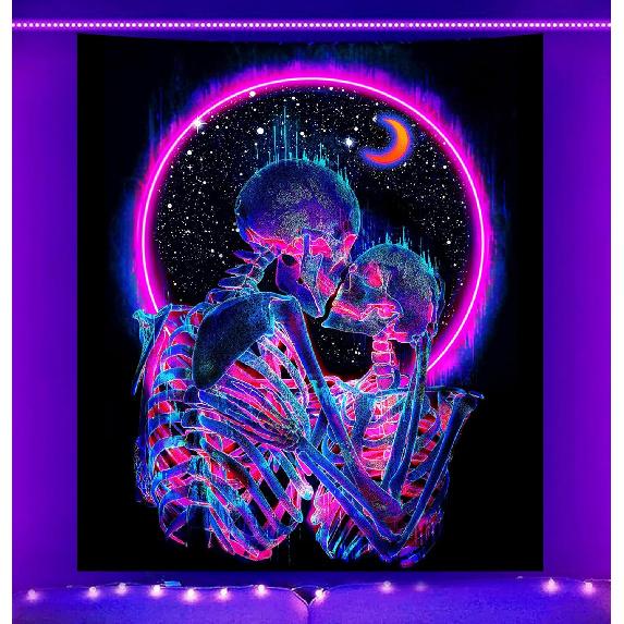 TUGCAY Blacklight Skull Tapestry Glow in the Dark Tapestry Kissing Lovers Tapestries Skeleton Neon Trippy Moon Stars Vertical Posters Wall Hanging