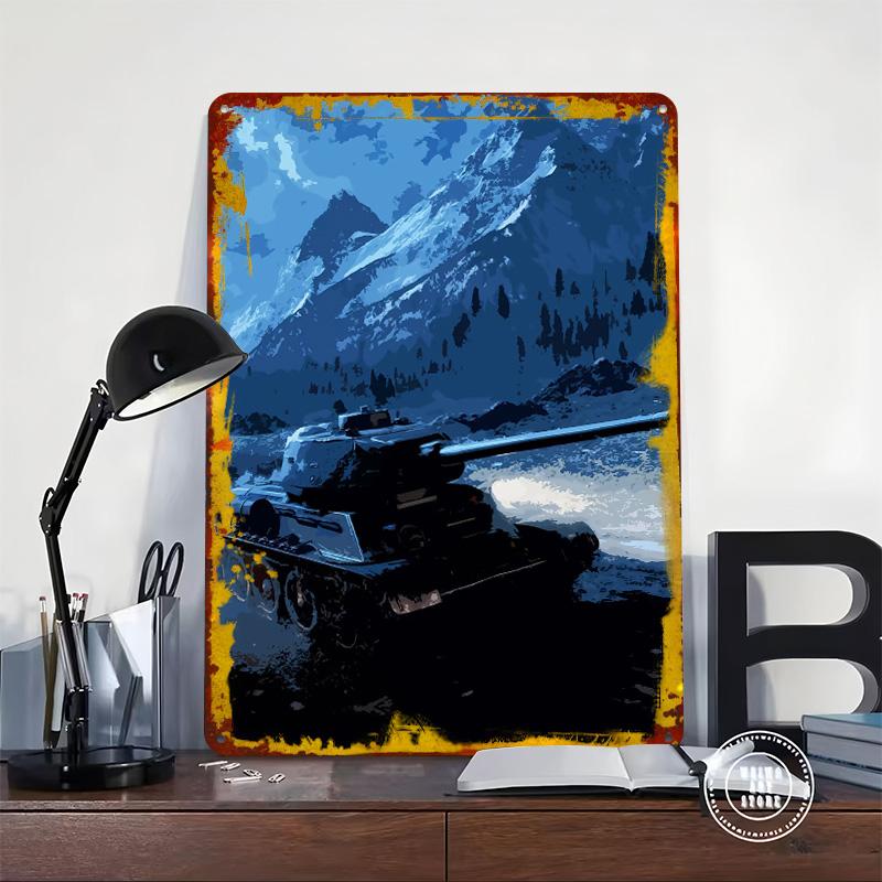 Tank In Snowy Mountain Landscape Poster Customized Wall Art Vintage Metal Signs Retro Tin Plaque for Man Cave Room Ornaments