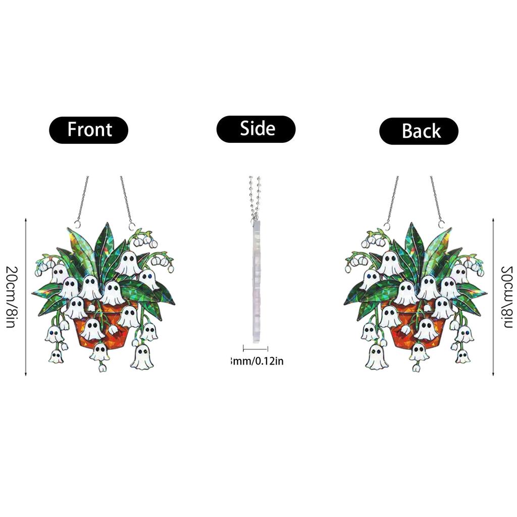 Halloween Acrylic Ghost Hanging Decoration with Plant Design for Indoor Outdoor Use Seasonal Holiday Ornament Hanging Chain Included