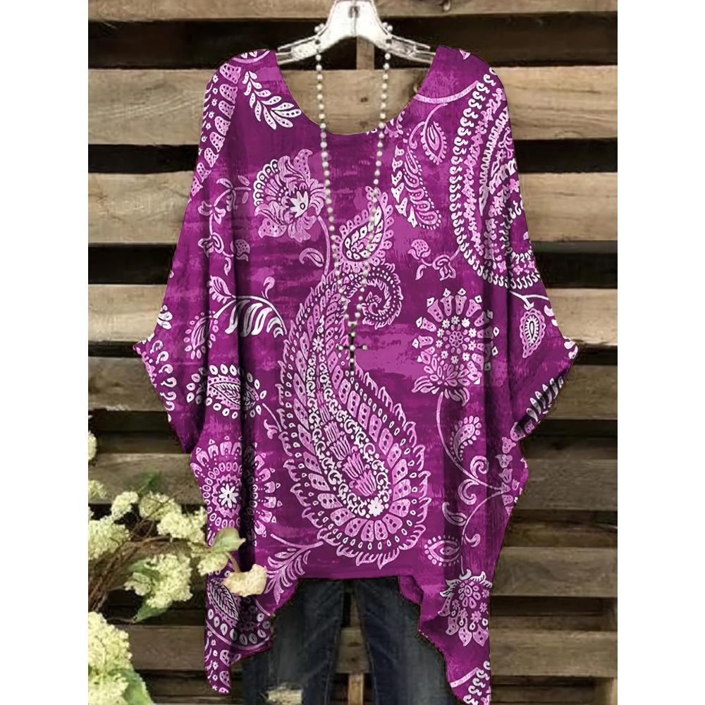 Retro Damen T-Shirt Trendig Ethnisch Boho Bedruckt Sommer O-Ausschnitt Unregelmäßiger Saum Kurzarm Bluse T-Shirt Locker Lässig Pullover