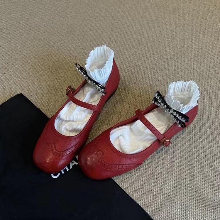 Sheepskin Version~ Genuine Leather French Retro Brock Engraved Mary Jane Small Leather Shoes Women's Versatile Flat-bottomed Shallow Mouth Single Sho