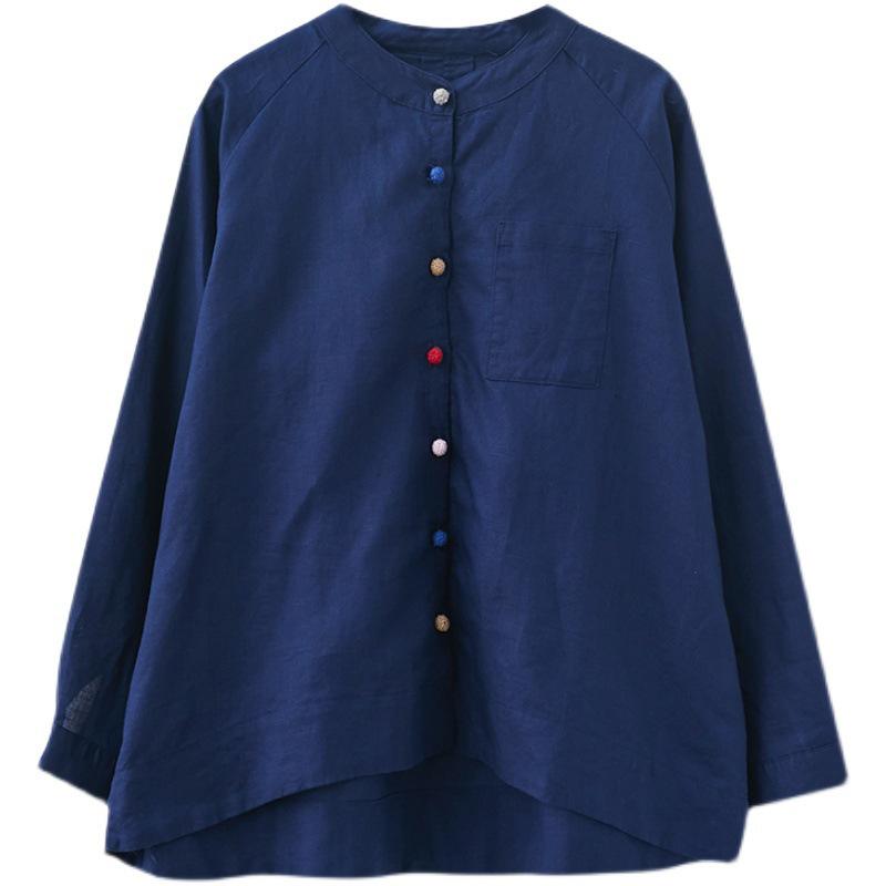 

Осенний ретро хлопково-льняной женский топ с длинным рукавом свободного кроя большого размера 2XL темно-синий