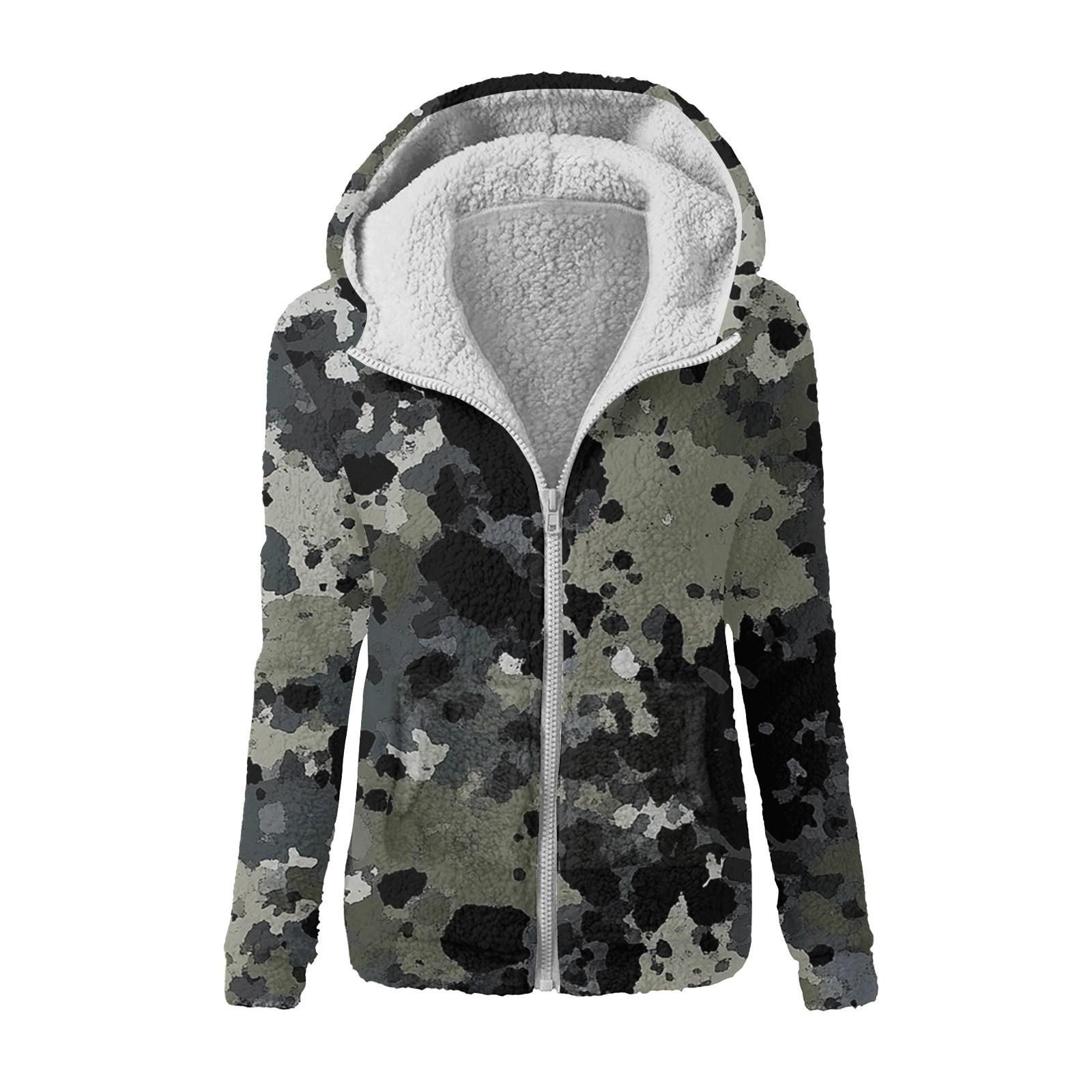 

Жіноча зимова камуфляжна повсякденна модна плюшева куртка на блискавці з капюшоном і принтом S