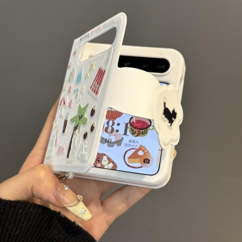 Buch-Stil Flip-Handyhülle für Samsung Z Flip7 ZFlip6 zflip5 Hülle Xiaomi Mix Flip MIX Flip2 Weißes Ledergehäuse mit süßem Aufkleber