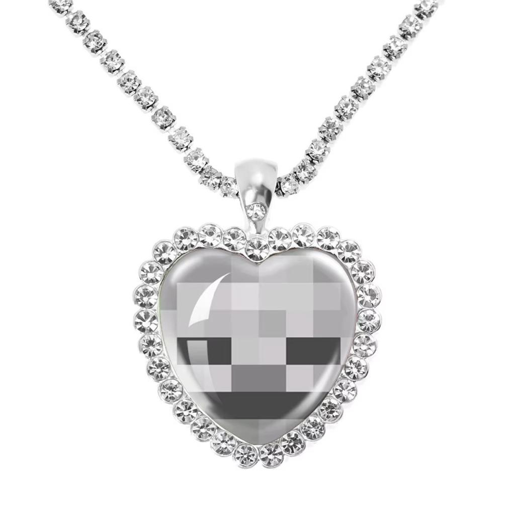 Fun Pixel Block-themed Heart Necklace Accessories, Heart Pendant, Sweater Chain, Rhinestone Necklace