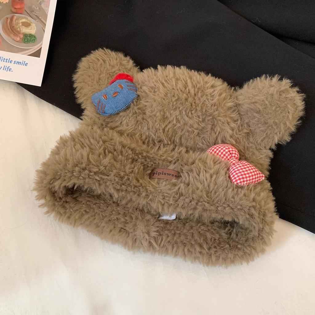 Cute Kitty Cat Plush Knitted Hat Women's Thickened Warm and Cold Woolen Hat Showing Small Face Ear Protection Hat