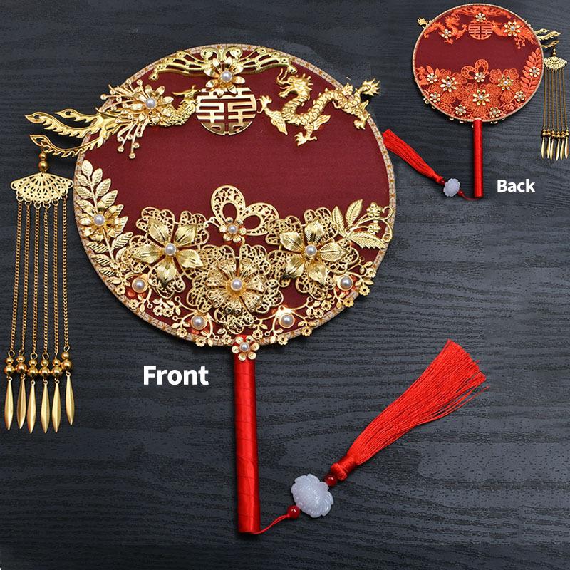 Vintage Chinese Wedding Dress Hanfu Decorative Fans Bridal Round Hand Fans Dragon Phoenix Handmade Gold Red Photography Fan Prop