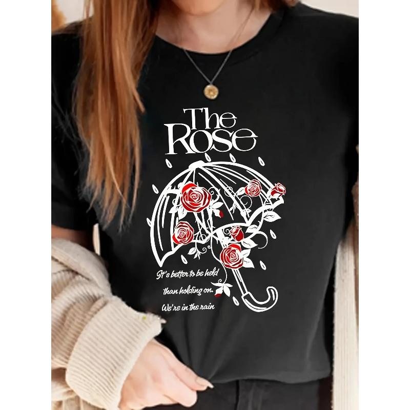 

European Size Women S Kpop Rose Graphic T-Shirt , Black Casual Short Sleeve Tee with Red Roses & Umbrella Design, Round Neck 4XL чорний