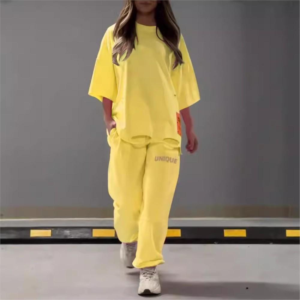 Summer Fashion Hollowed Out O Neck T Shirt Women's 2 Piece Set Solid Color Casual Relaxed Tracksuit Pants Pocket Female Suit