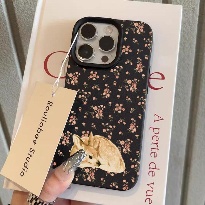 Cute Deer and Full Floral Pattern Design Shockproof Phone Case for 11 12 13 14 15 16 17 Pro Max XS XR X 16E 16 Plus 17 Air Cover