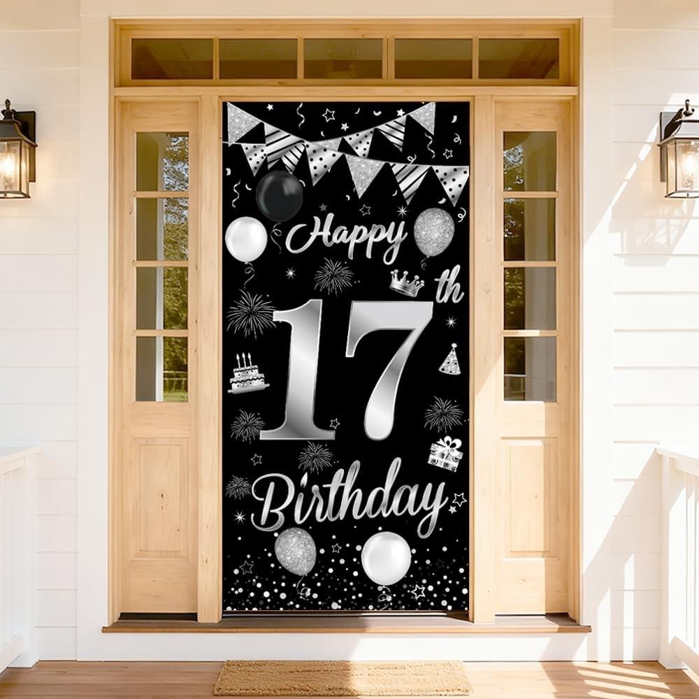 17 Birthday Decorations Happy 17th Backdrop Banner black sliver