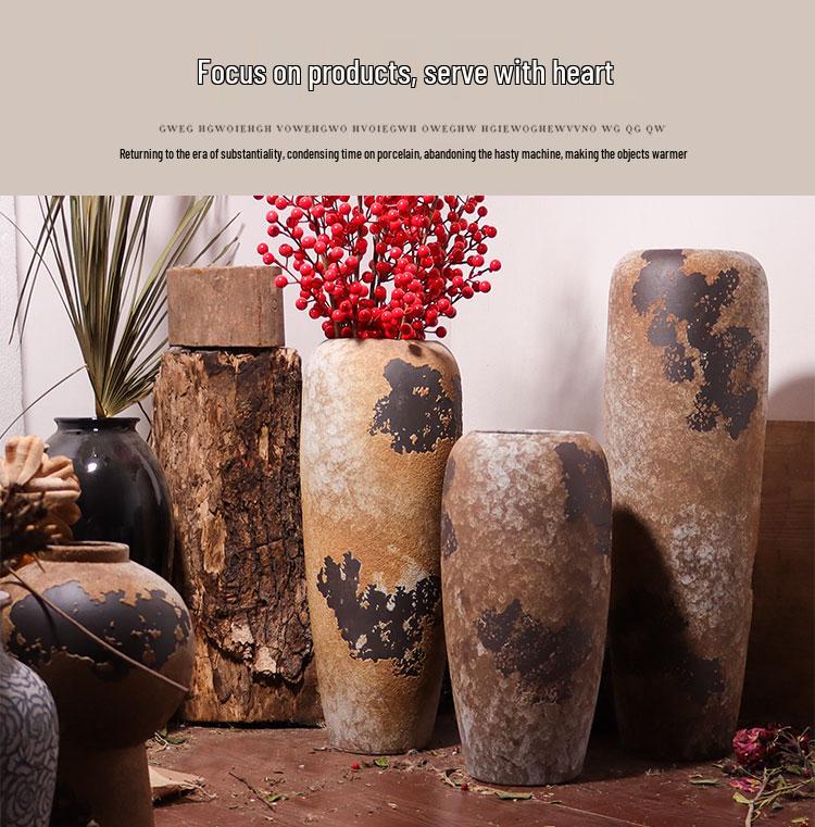 Wabi-Sabi Style Ceramic Floor Vase: Retro Ornament for Dried or Hydroponic Flowers, Perfect for Living Room or Desktop Arrangement.