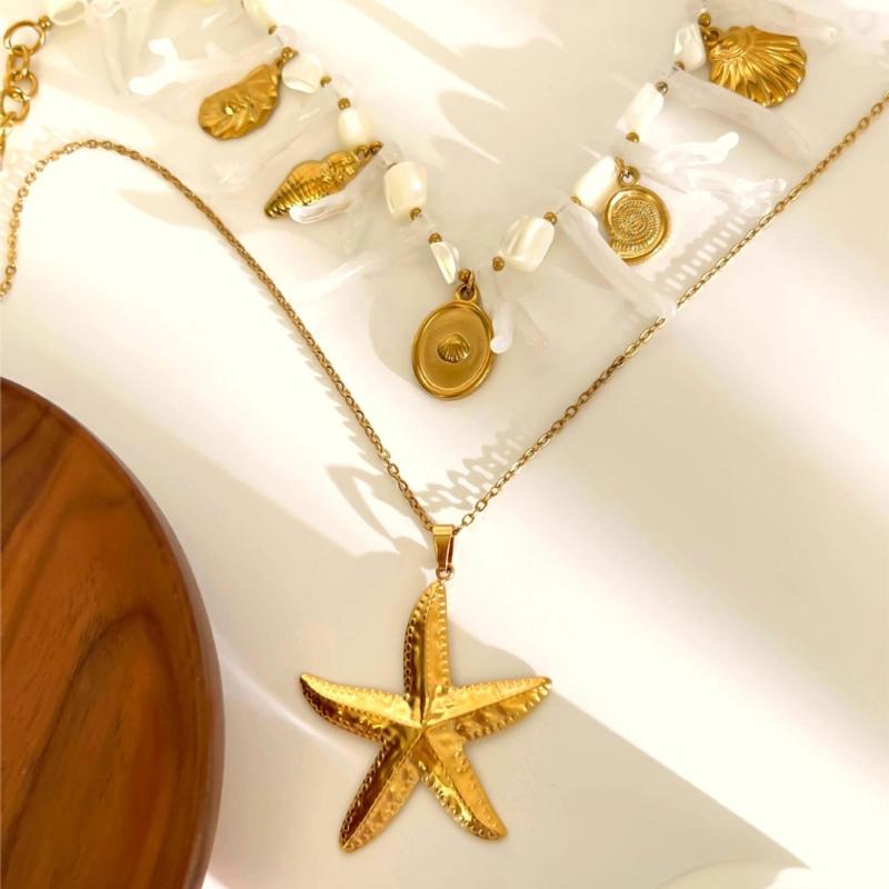 Sea Starfish Coral Shell Beaded Necklace Lightweight Stainless Steel Acrylic Stackable Jewelry For Daily Wear