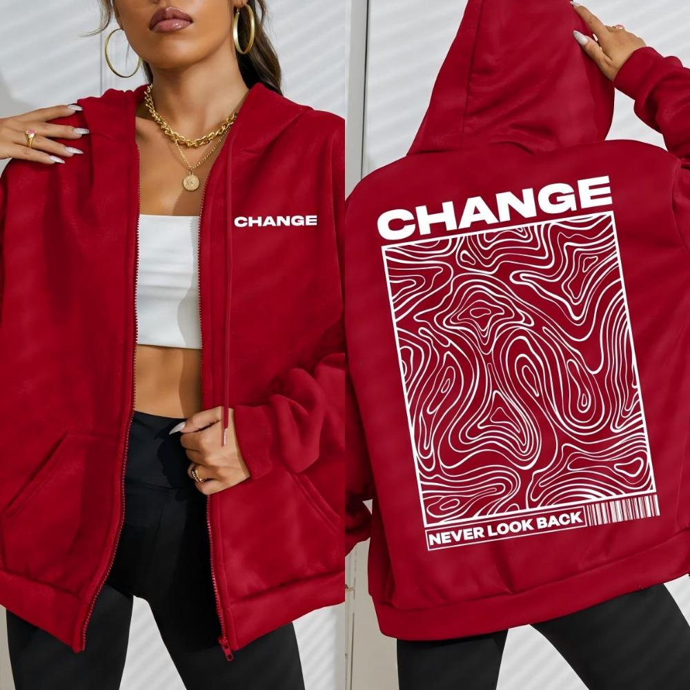 Change Never Look Back Street Graphic Print Women Zipper Hoody Autumn Hoodie Loose Casual Hoodies Fleece Woman Clothes