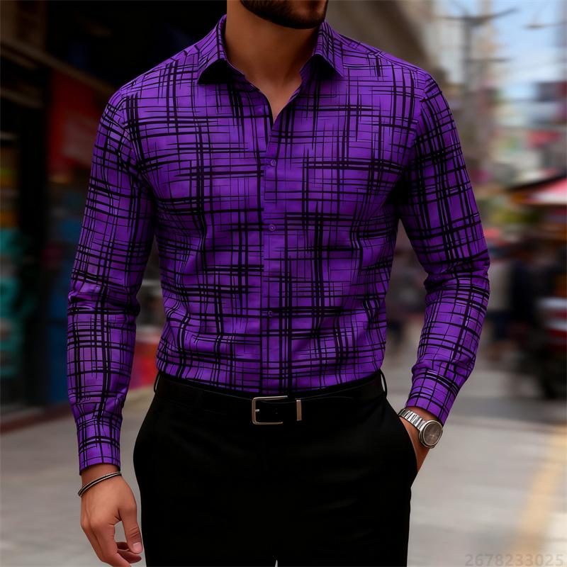 2025 New Men's Trendy Geometric Line Print Long-sleeved Shirt 18 Colors Personality Fashion Slim Lapel Casual Versatile Shirt