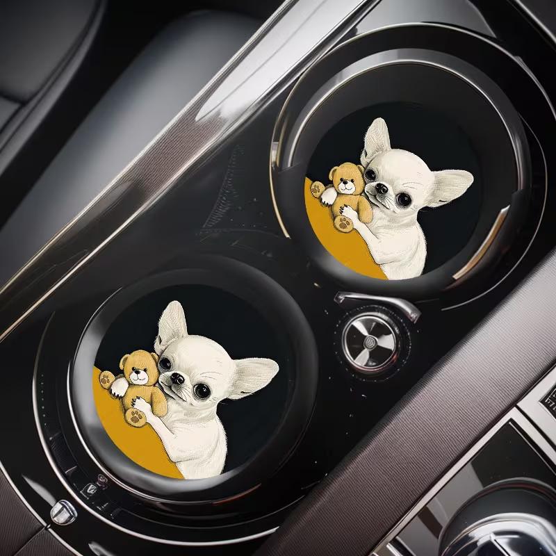 2PCS Car Water Cup Mat Cute Dog Cup Mat Circular Universal Anti Slip Shock Absorbent Creative Automotive Interior