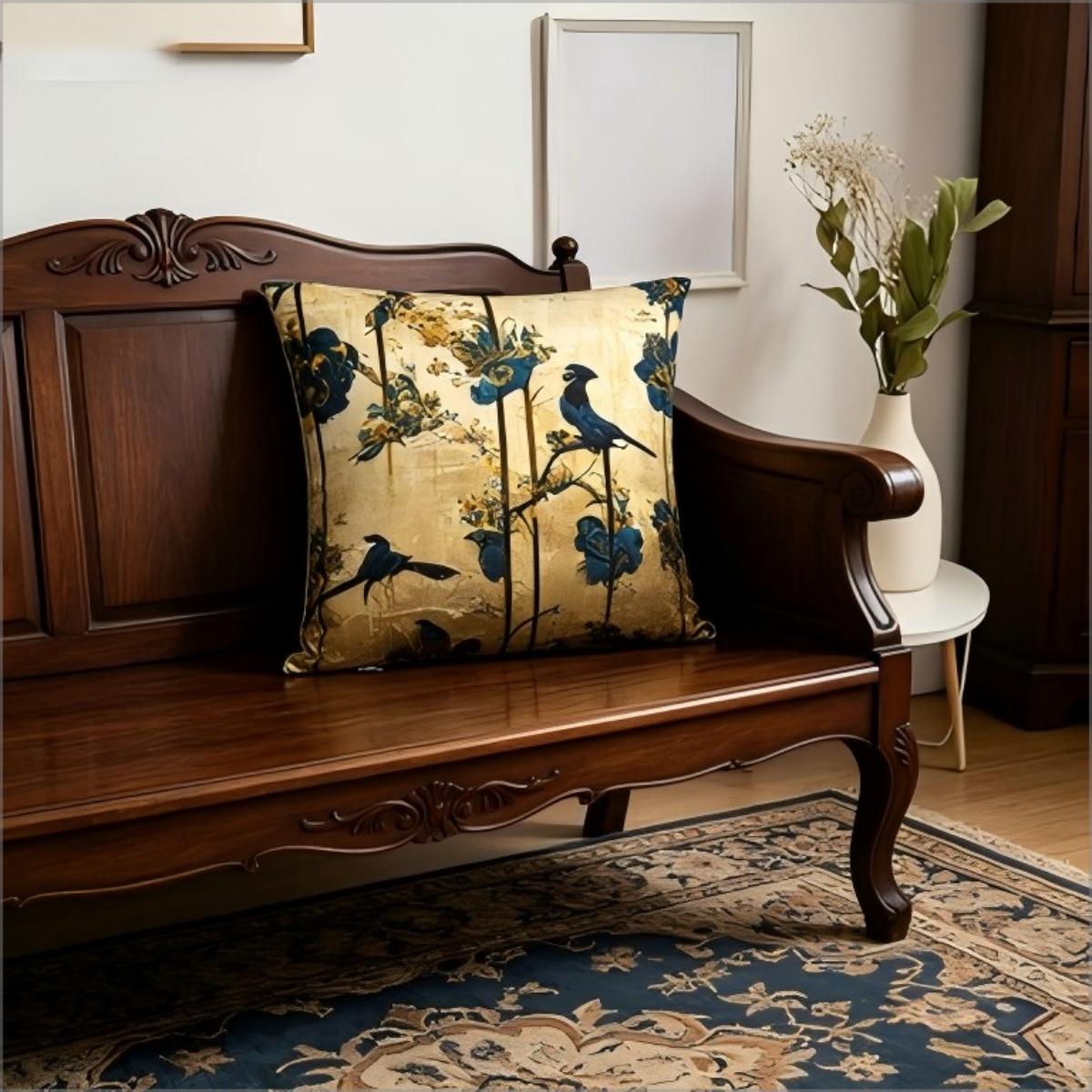 Vintage Chinoiserie Bird Floral Throw Pillow Cover Blue Gold Oriental Decorative Pillow Case Peach skin 18*18(CM)-1Pcs