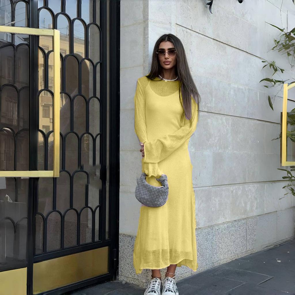 LYRIA Spring Autumn O-Neck Elastic Knit Long Dresses Women Elegant Chic Soft Lady Hollowing Sweater Dresses Femme New