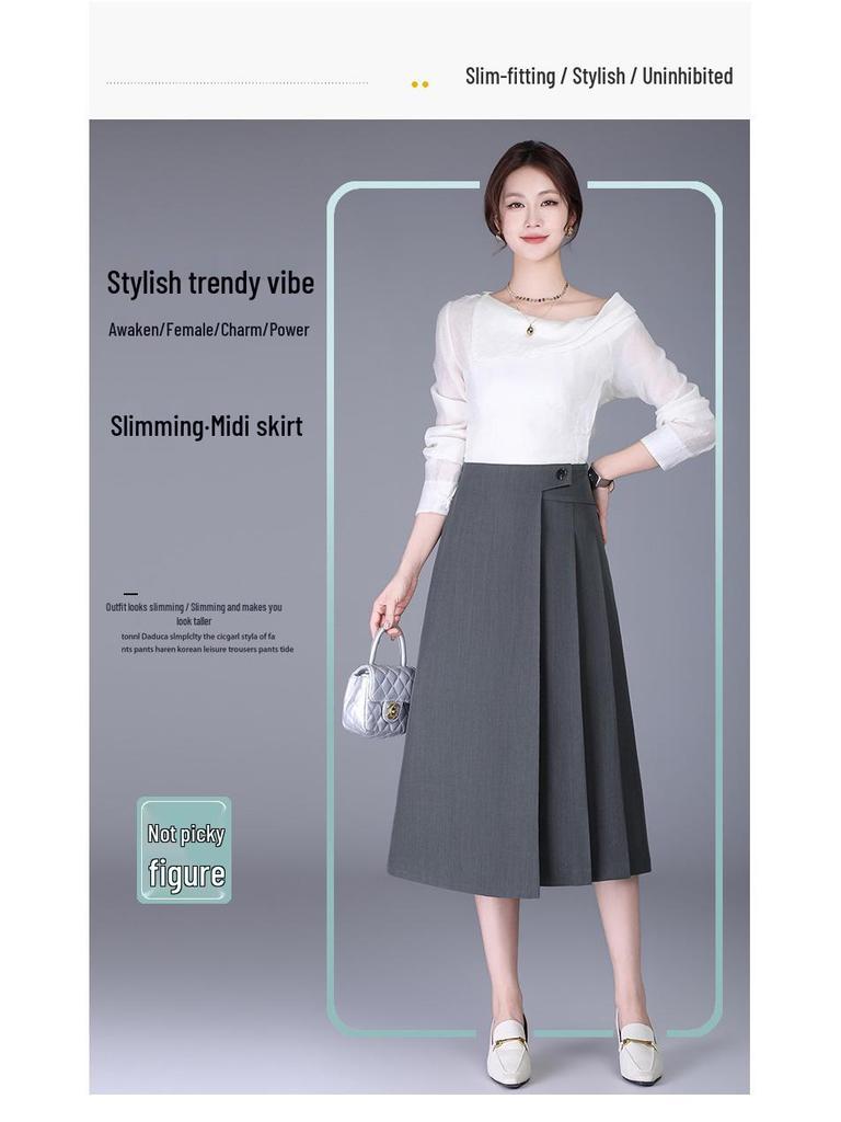 Women's Fashionable A-line Pleated Midi Skirt, High Waist, Slimming Large Hem, Casual 2026 Spring Collection