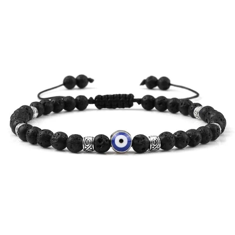 Bracciale Occhio Maligno 4mm Perline di Pietra Lavica Nera Opaca Naturale Bracciale Intrecciato Fatto a Mano per Uomo Donna Yoga Reiki Gioiello Regolabile