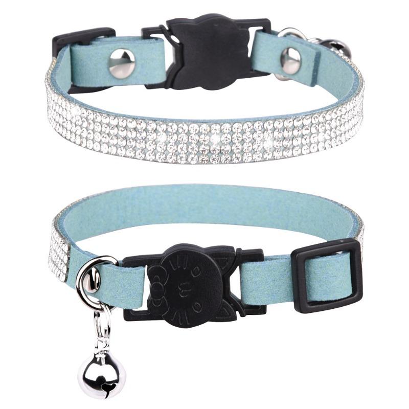 Pet Collar Shiny Rhinestone Color Anti-bridle Suede Soft and Comfortable Bell Style Cat Leash Collar