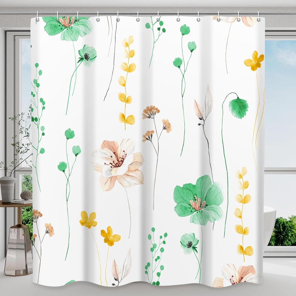 Shower Curtain Watercolor Flower Shower Curtain Sets - Spring Burnt-Orange Floral Plant Shower Curtains for Bathroom
